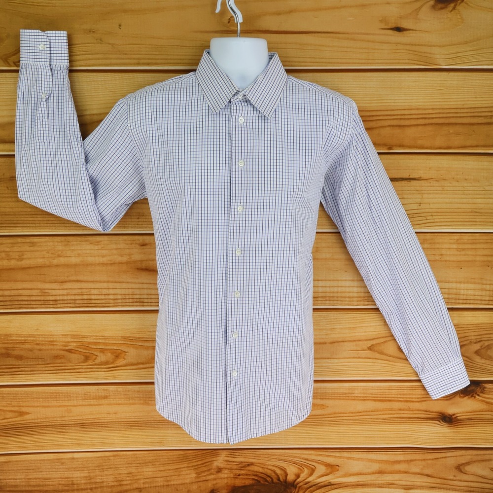 Balani‎ Dress Shirt Mens Sz 16 White Blue Checks Button Down Collar Long Sleeves